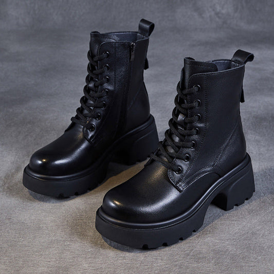 Women's Casual Genuine Leather Platform Boots – Chunky Heel & Side Zip