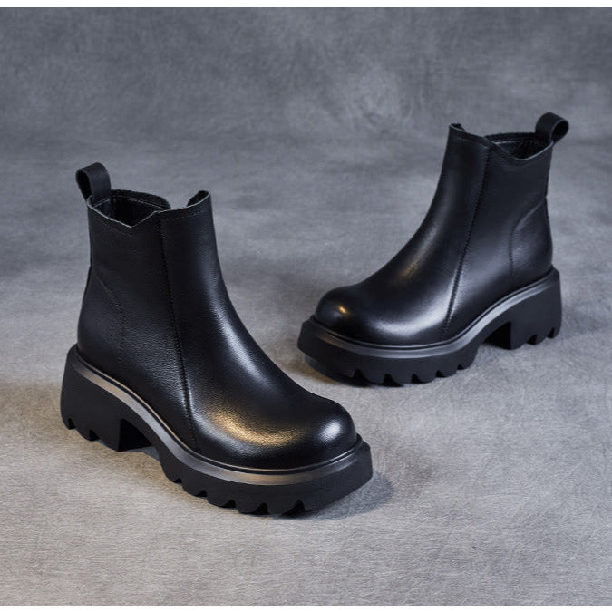 Women's Leather Ankle Boots – Platform Chunky Mid Heel with Side Zipper