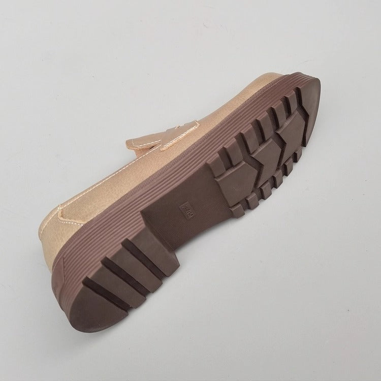 Women's Leather Mid Heel Chunky Loafers – Japanese Style & Non-Slip Sole