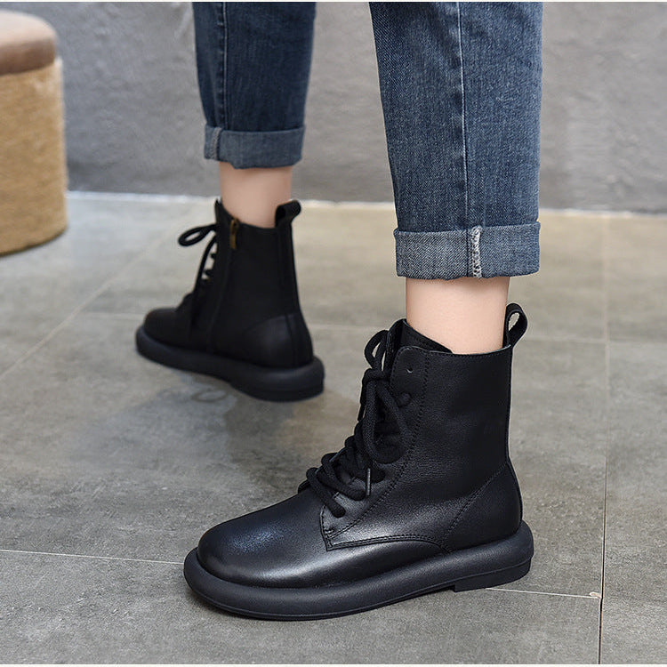 Women's Genuine Leather Casual Boots – Lace-Up & Zipper Design