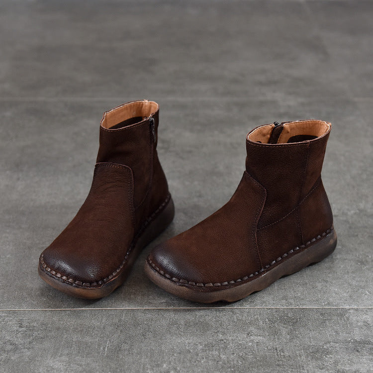 Women's Leather Zipper Ankle Boots – Comfortable Flat Casual Style