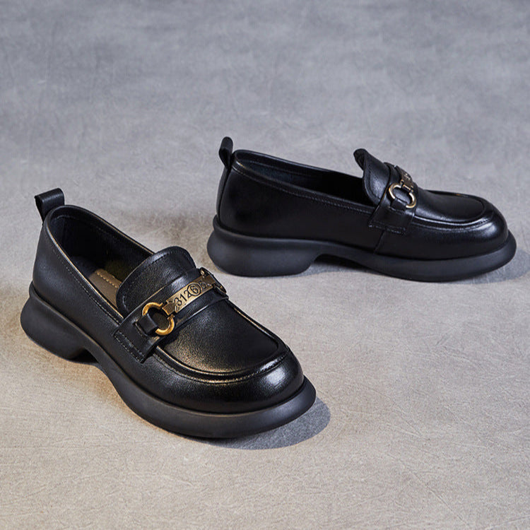 Women's Retro Soft Genuine Leather Loafers – Comfortable Chain Detail