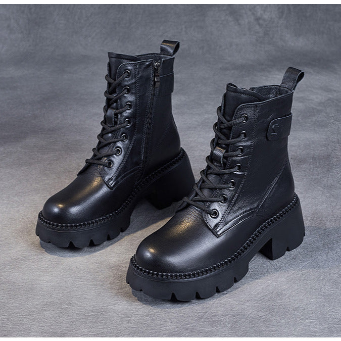 Women's Genuine Leather Combat Boots – Platform Chunky Heel with Side Zipper