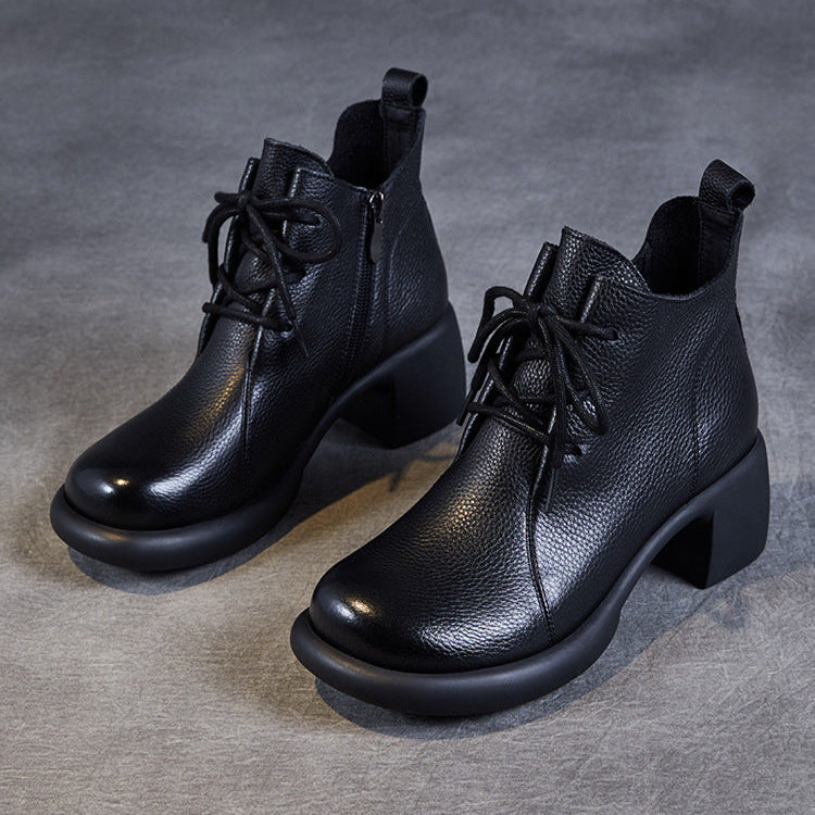 Women's Casual Lace-Up Ankle Boots – Round Toe Block Heel with Side Zipper