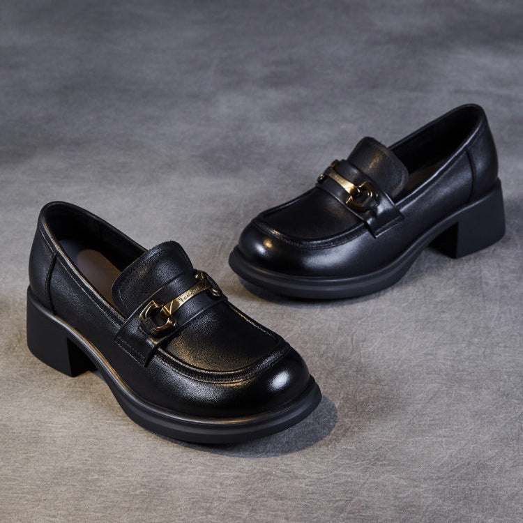 Women's Genuine Leather Loafers – Mid Heel Slip-On Shoes with Metal Accent