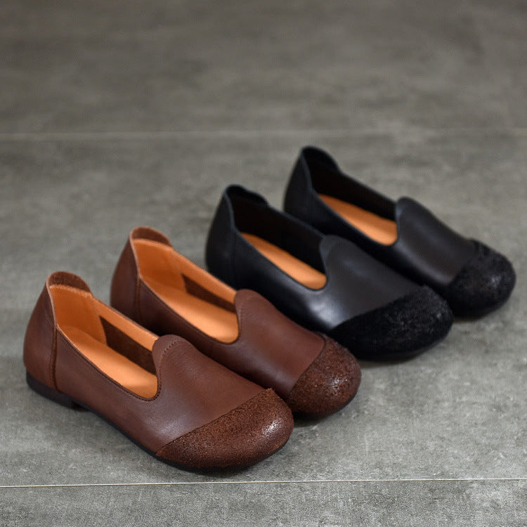 Handmade Leather Vintage Round Toe Patchwork Ballet Flat Shoes Women's Shoes