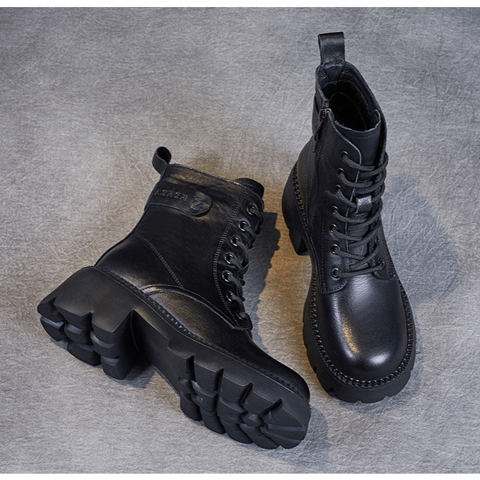 Women's Genuine Leather Combat Boots – Platform Chunky Heel with Side Zipper