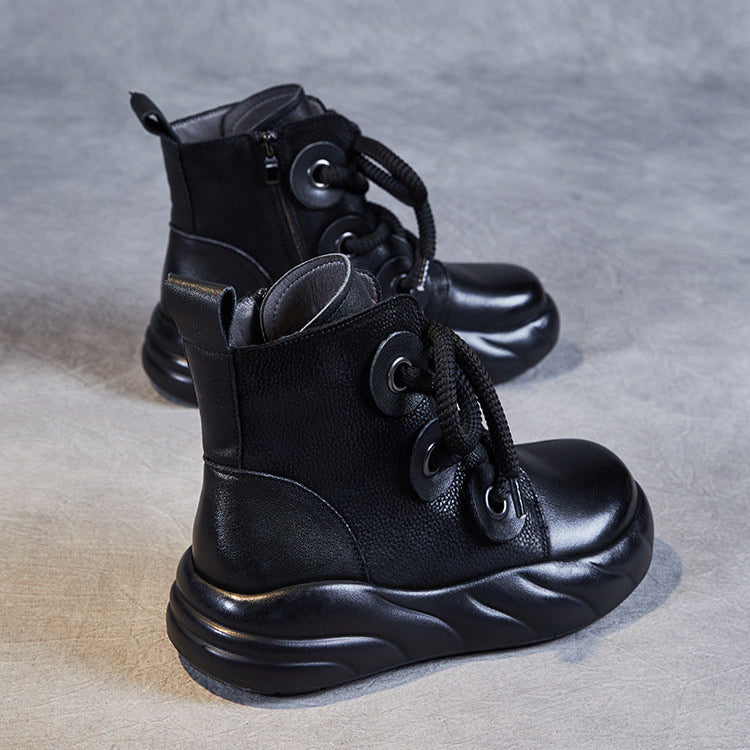 Women's Genuine Leather Lace-Up Ankle Boots – Casual Platform Chunky Sole