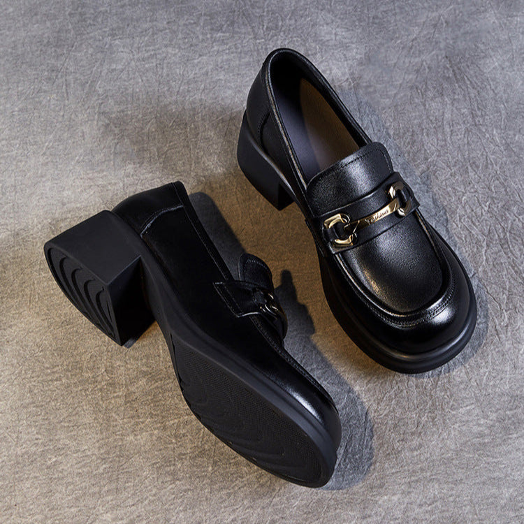 Women's Genuine Leather Loafers – Mid Heel Slip-On Shoes with Metal Accent