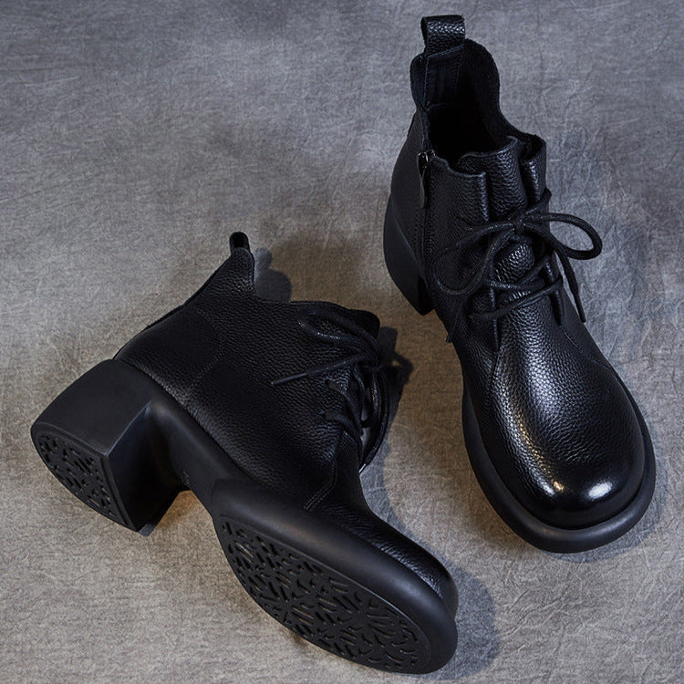 Women's Casual Lace-Up Ankle Boots – Round Toe Block Heel with Side Zipper