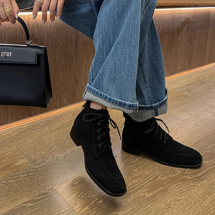 Women's Suede Square Toe Ankle Boots – Lace-Up Low Heel Stylish Style