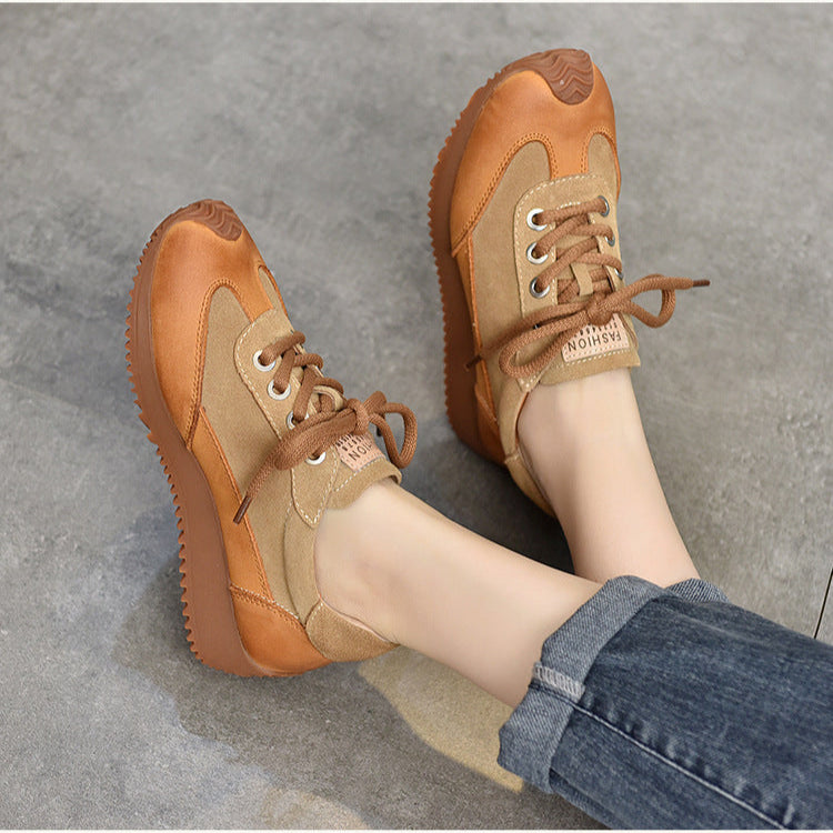 Women's Leather Patchwork Sneakers – Retro Casual Shoes