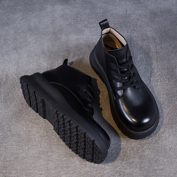 Women's Leather Lace-Up Platform High-Top Shoes – Casual & Comfortable