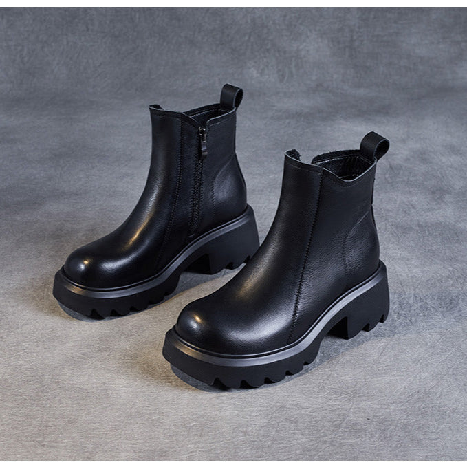 Women's Leather Ankle Boots – Platform Chunky Mid Heel with Side Zipper