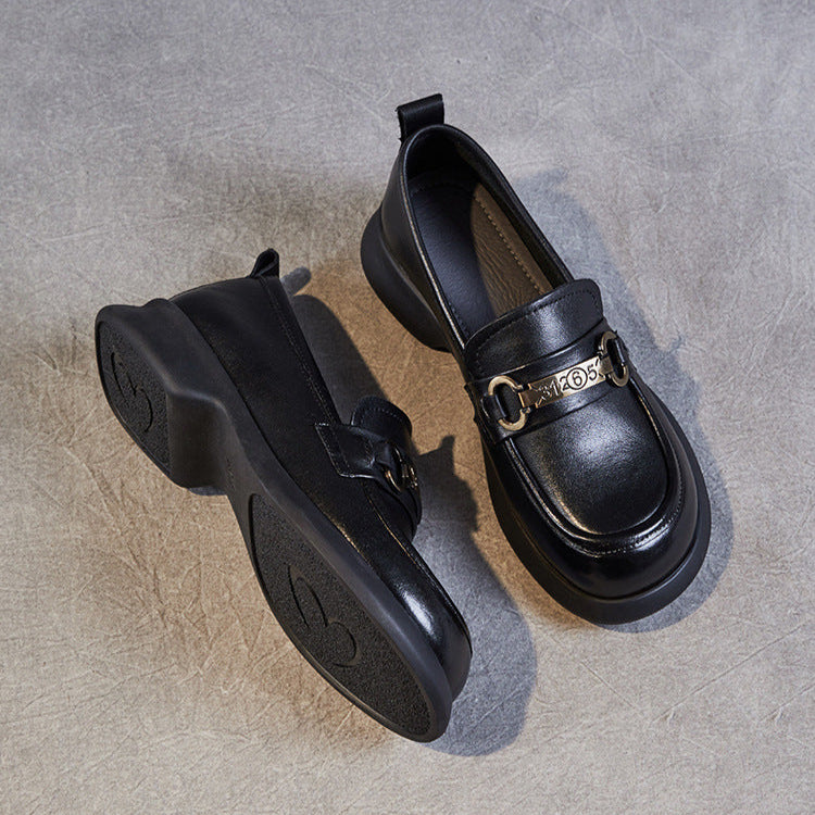 Women's Retro Soft Genuine Leather Loafers – Comfortable Chain Detail