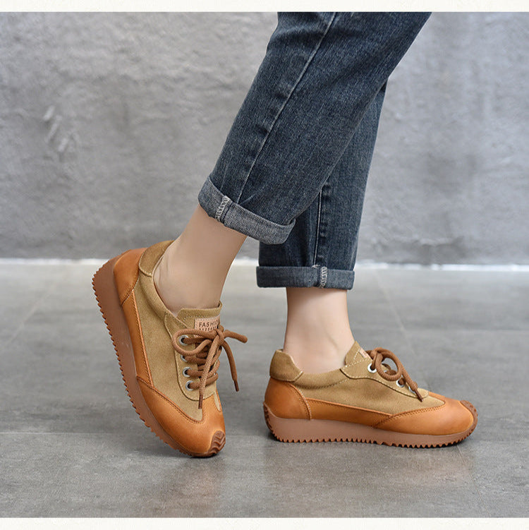 Women's Leather Patchwork Sneakers – Retro Casual Shoes