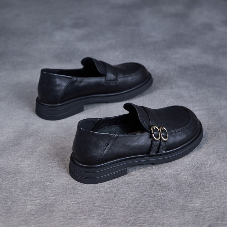 Women’s Leather Slip-On Loafers – Vintage British Low Heel
