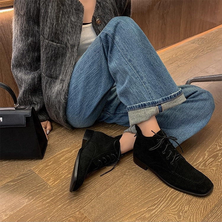 Women's Suede Square Toe Ankle Boots – Lace-Up Low Heel Stylish Style