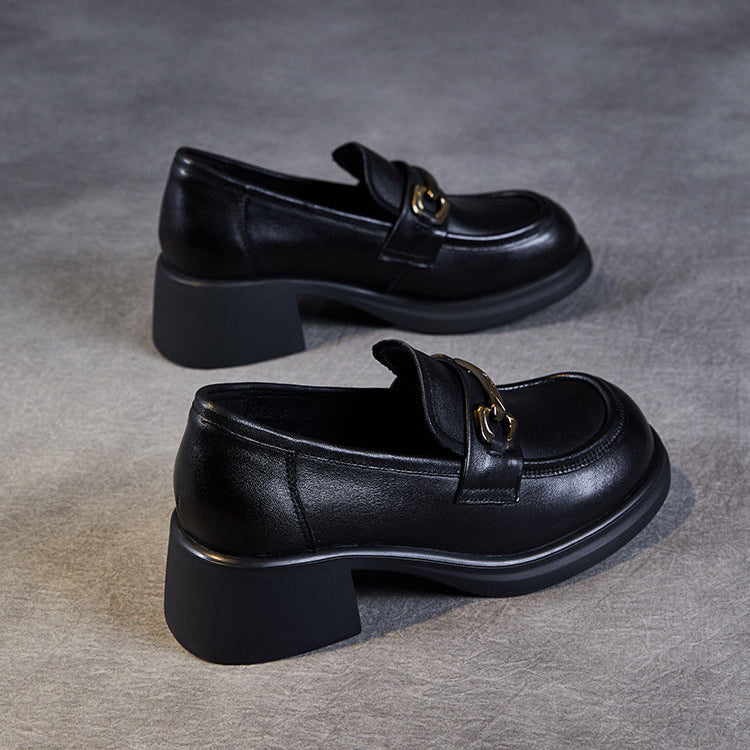 Women's Genuine Leather Loafers – Mid Heel Slip-On Shoes with Metal Accent