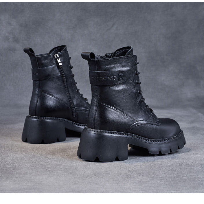 Women's Genuine Leather Combat Boots – Platform Chunky Heel with Side Zipper