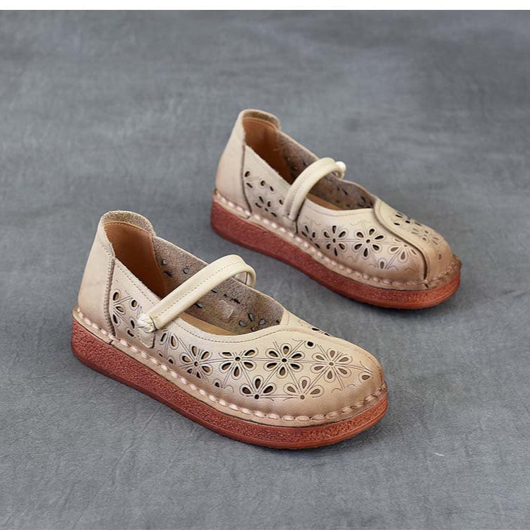 Women's Leather Floral Cutout Sandals – Breathable Summer Style