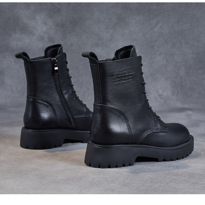 Women's Genuine Leather Casual Combat Boots with Side Zipper Closure