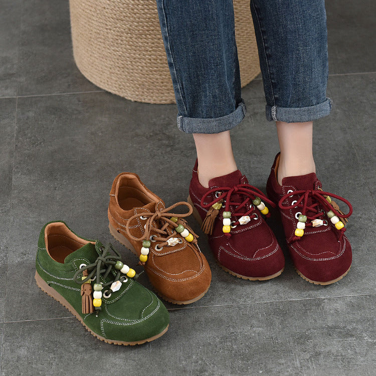 Women’s Spring Retro Beaded Leather Sneakers – Casual Lightweight Shoes