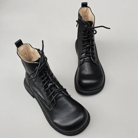 Women's Genuine Leather Wide Toe Ankle Boots – Lace-Up & Zipper Martin Boots