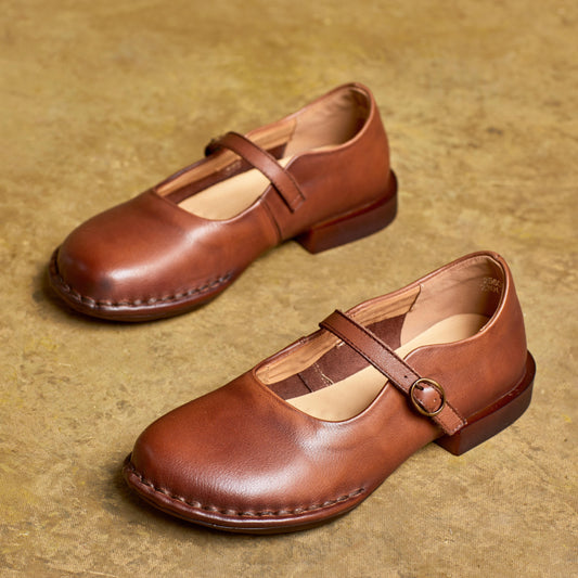 Women's Handmade Vintage Round Toe Leather Durable Ballet Mary Jane Shoes