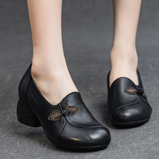 Women's Elegant Slip-On Mid Heels – Inspired by Chinese Frog Button Design