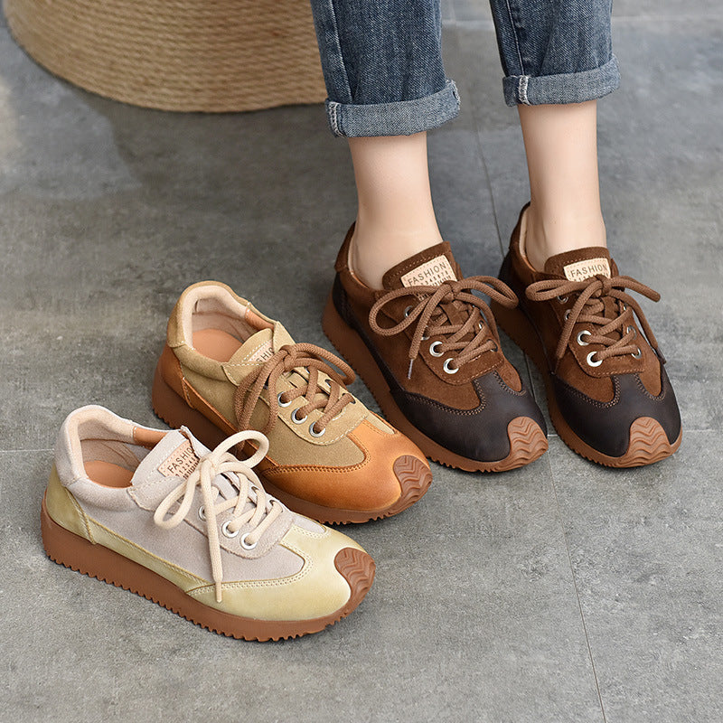 Women's Leather Patchwork Sneakers – Retro Casual Shoes