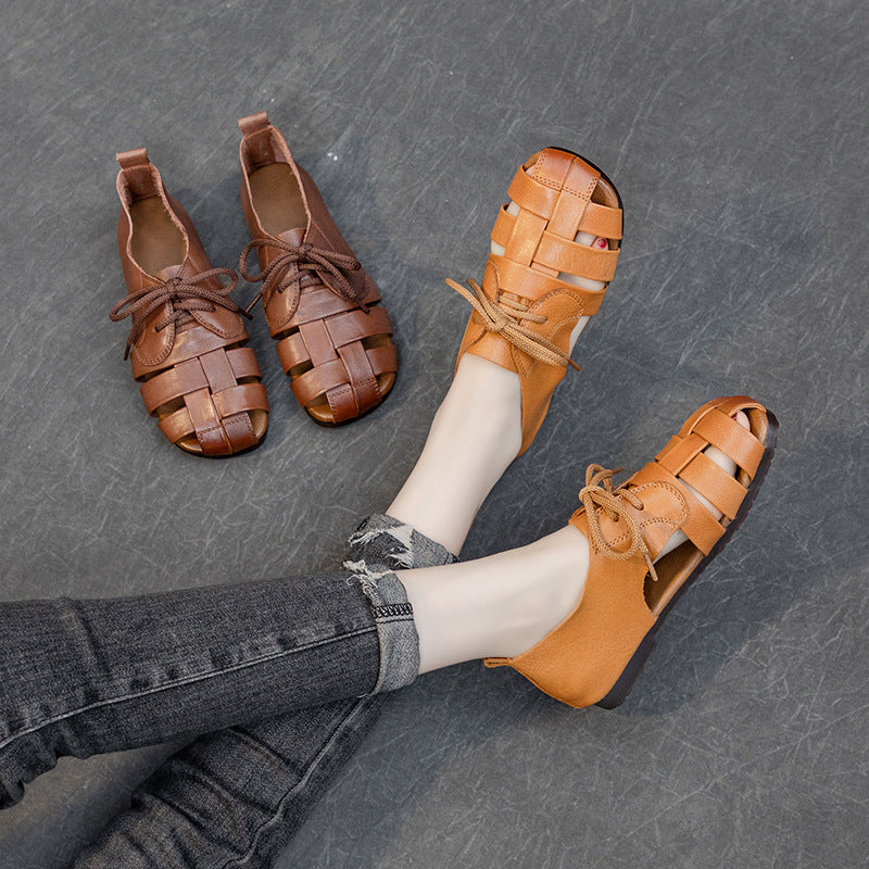 Women's Leather Woven Casual Lace-Up Flat Comfort Sandals