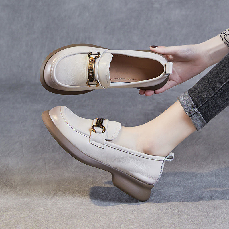 Women's Retro Soft Genuine Leather Loafers – Comfortable Chain Detail