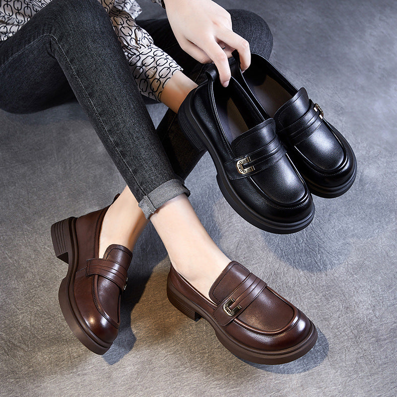 Women's Soft Leather Low Heel Loafers – Comfortable Everyday Slip-On Shoes