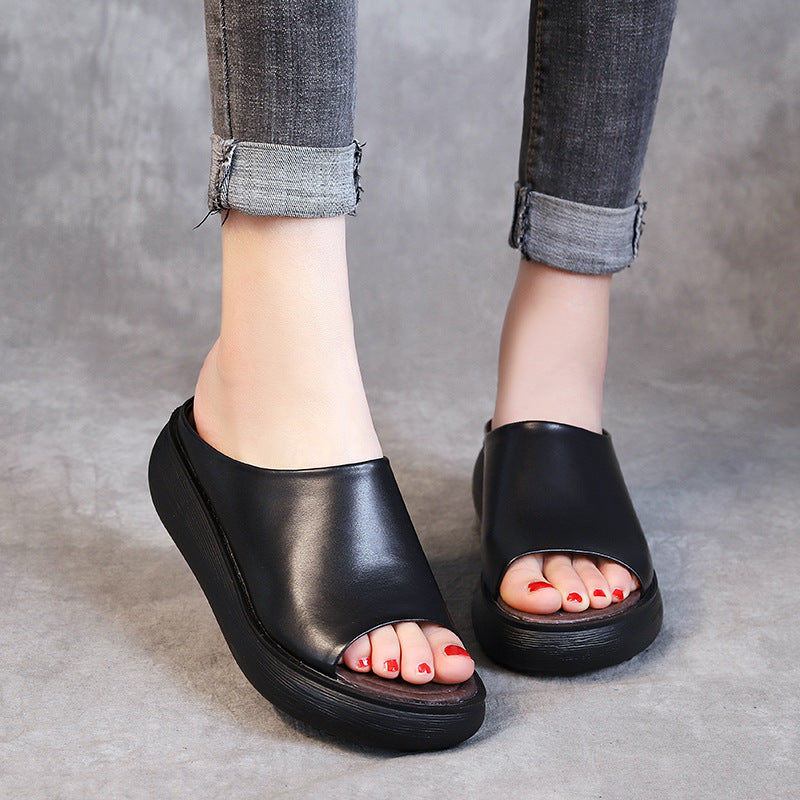 Women's Leather Open Toe Chunky Wedge Heel Mule