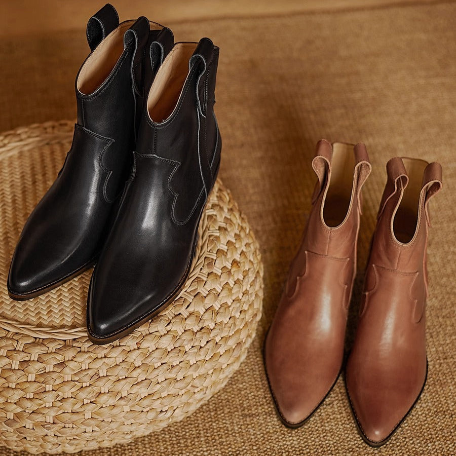 Women's Genuine Leather Western Ankle Boots – Pointed Toe & Block Heel
