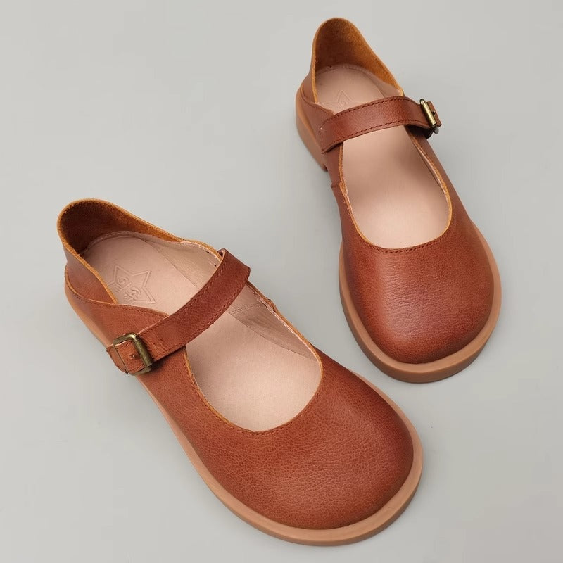 Women's Wide Toe Box Genuine Leather Mary Jane Flats – Buckle, Round Toe Shoes