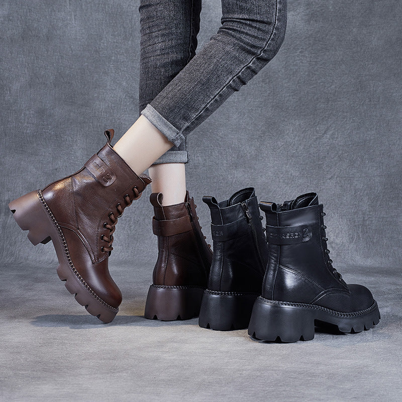 Women's Genuine Leather Combat Boots – Platform Chunky Heel with Side Zipper