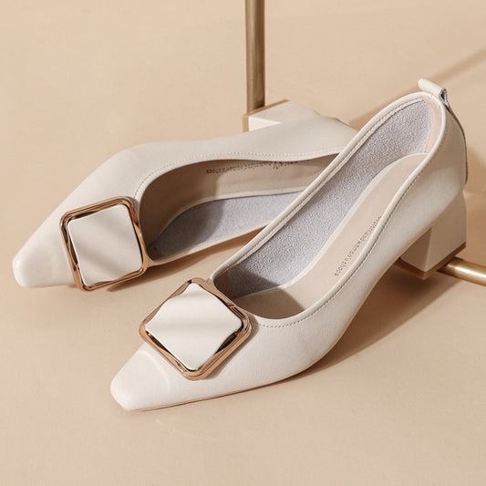 Women's Leather Pointed Toe Mid Heel Stylish Pump