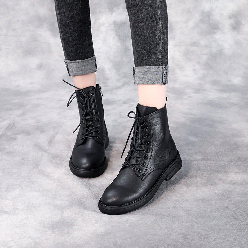 Women's Leather Casual Lace-Up Ankle Boots with Side Zipper Closure