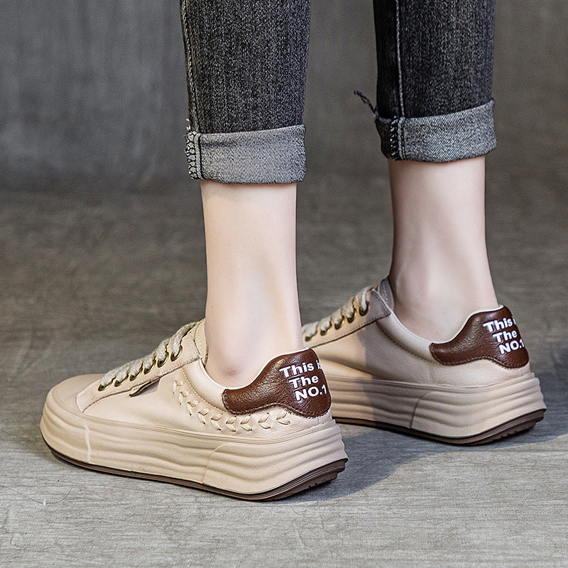 Women's Casual Leather Platform Lace-Up Sneakers