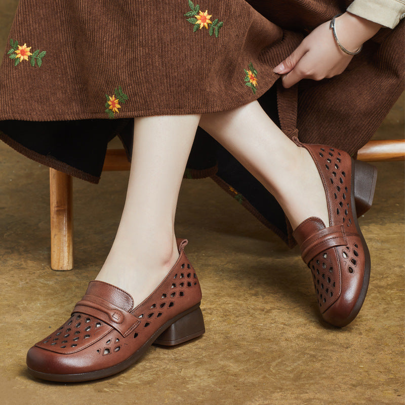 Women's Leather Summer Hollow Out Closed Toe Block Heel Sandals Loafers