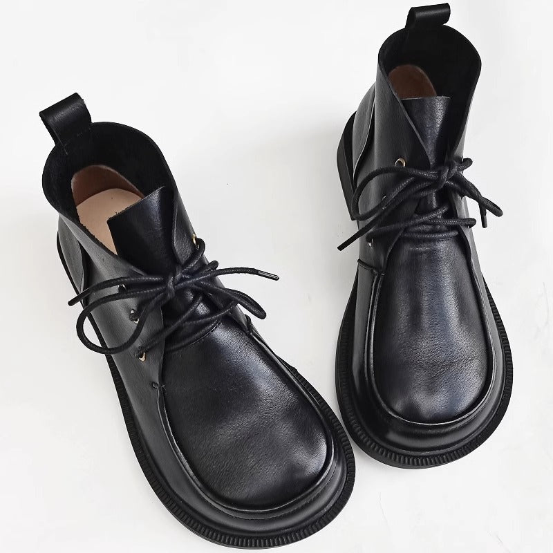 Womens Genuine Leather Wide Toe Lace-up Ankle Boots