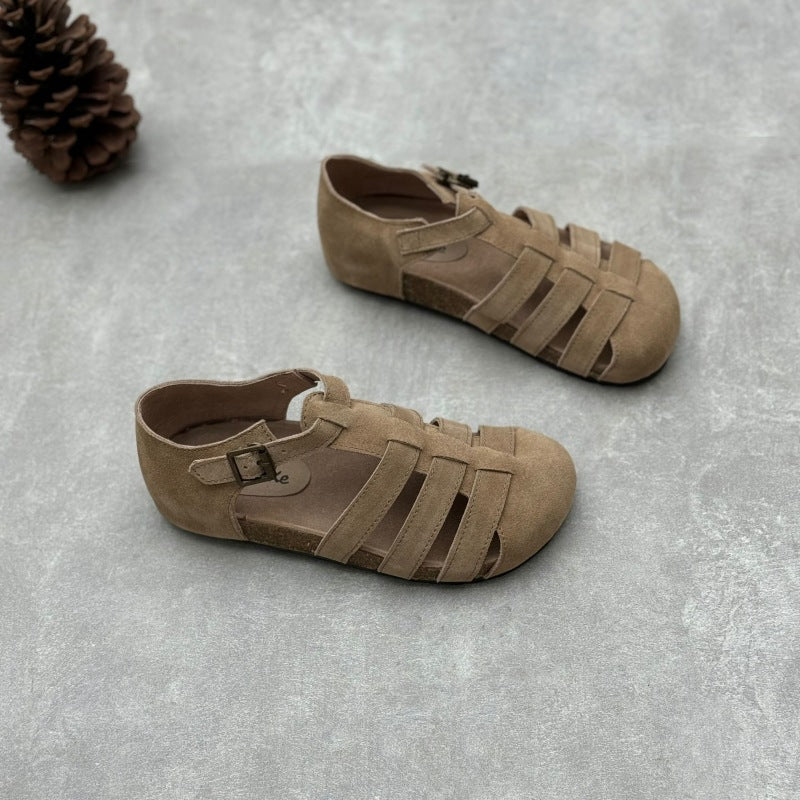 Women's Closed Toe Retro Flat Suede Leather Woven Casual Sandals