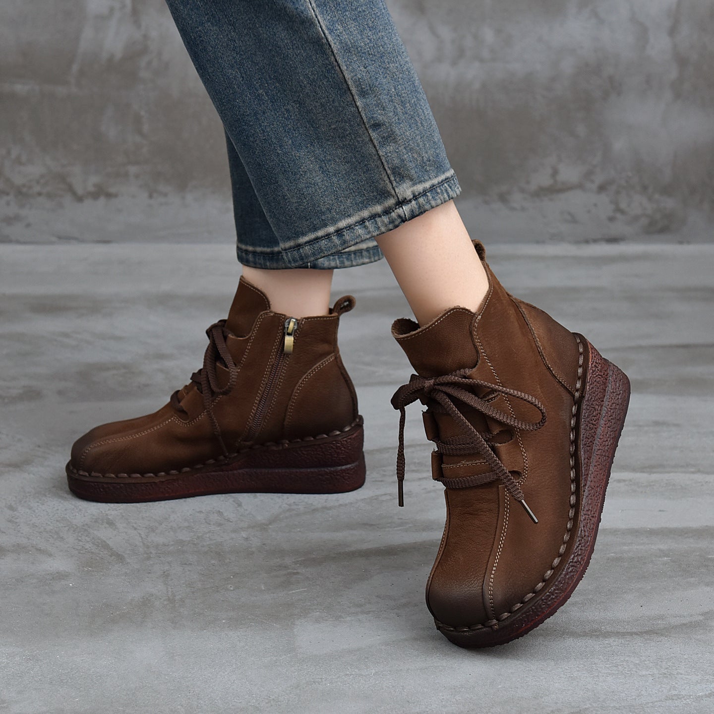 Women's Leather Short Boots – Vintage Wedge Heel Lace-Up Zipper Ankle Shoes