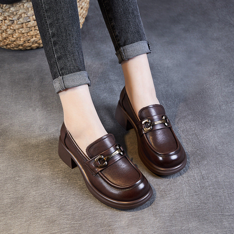 Women's Genuine Leather Loafers – Mid Heel Slip-On Shoes with Metal Accent
