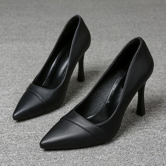 Women's Leather Business Work Black Heeled Pump