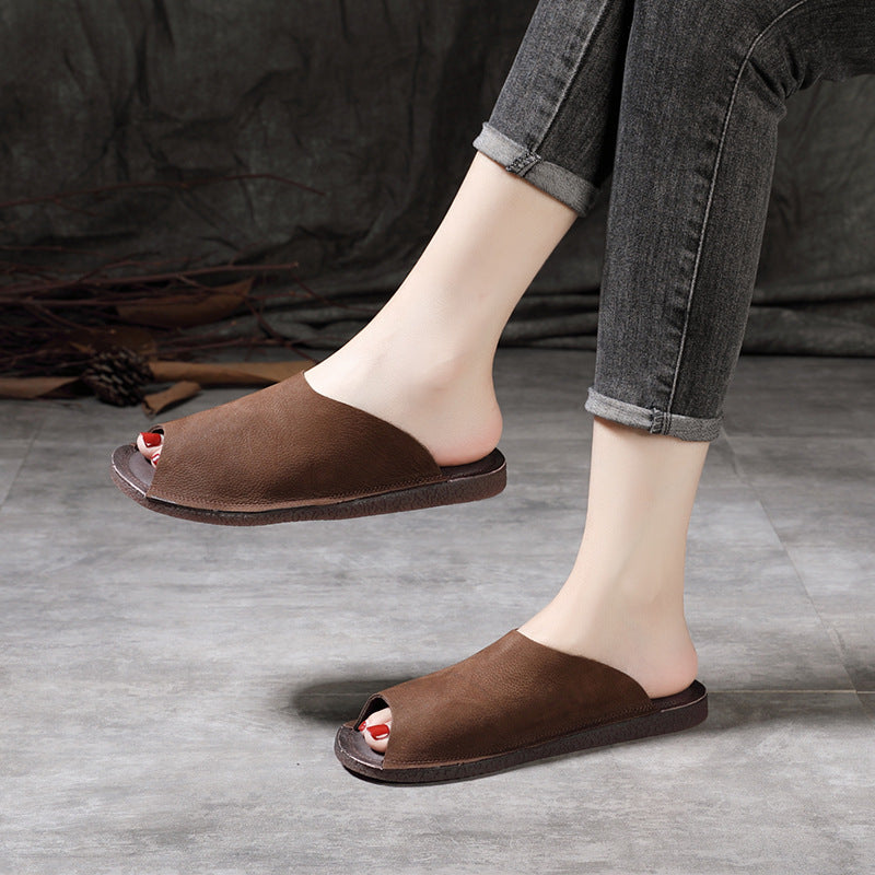 Women's Leather Flat Open Toe Mule Shoes