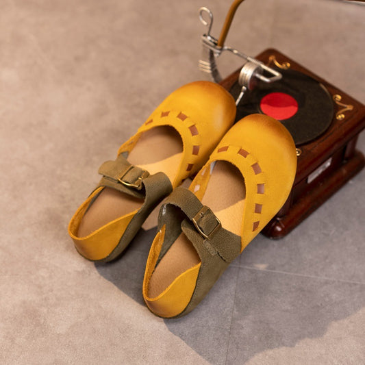 Women's Leather Vintage Patchwork Round Toe Flat Mary Jane