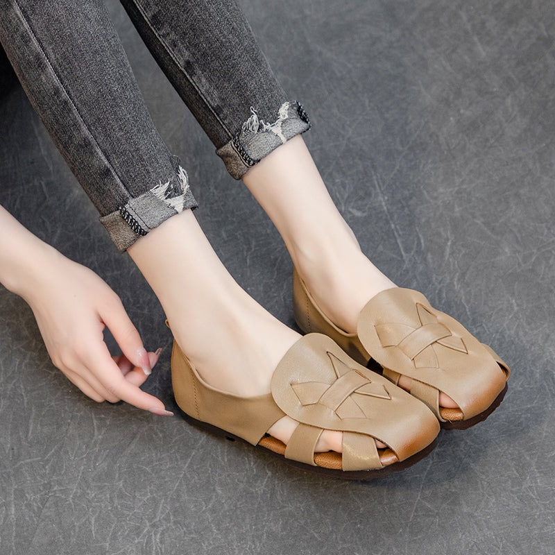 Women's Leather Summer Woven Hollow Out Flat Breathable Sandals